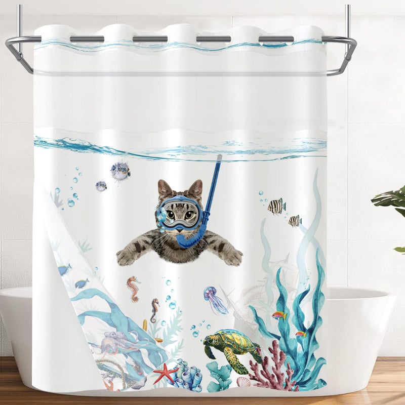 Fowocu No Hook Shower Curtain with Snap in Liner Funny Cat Nautical Shower Curtains for Bathroom Teal Blue Sea Ocean Octopus Starfish Turtle Anchor Fish Waterproof Fabric Bath Curtain Decor 71  74In - Image 4